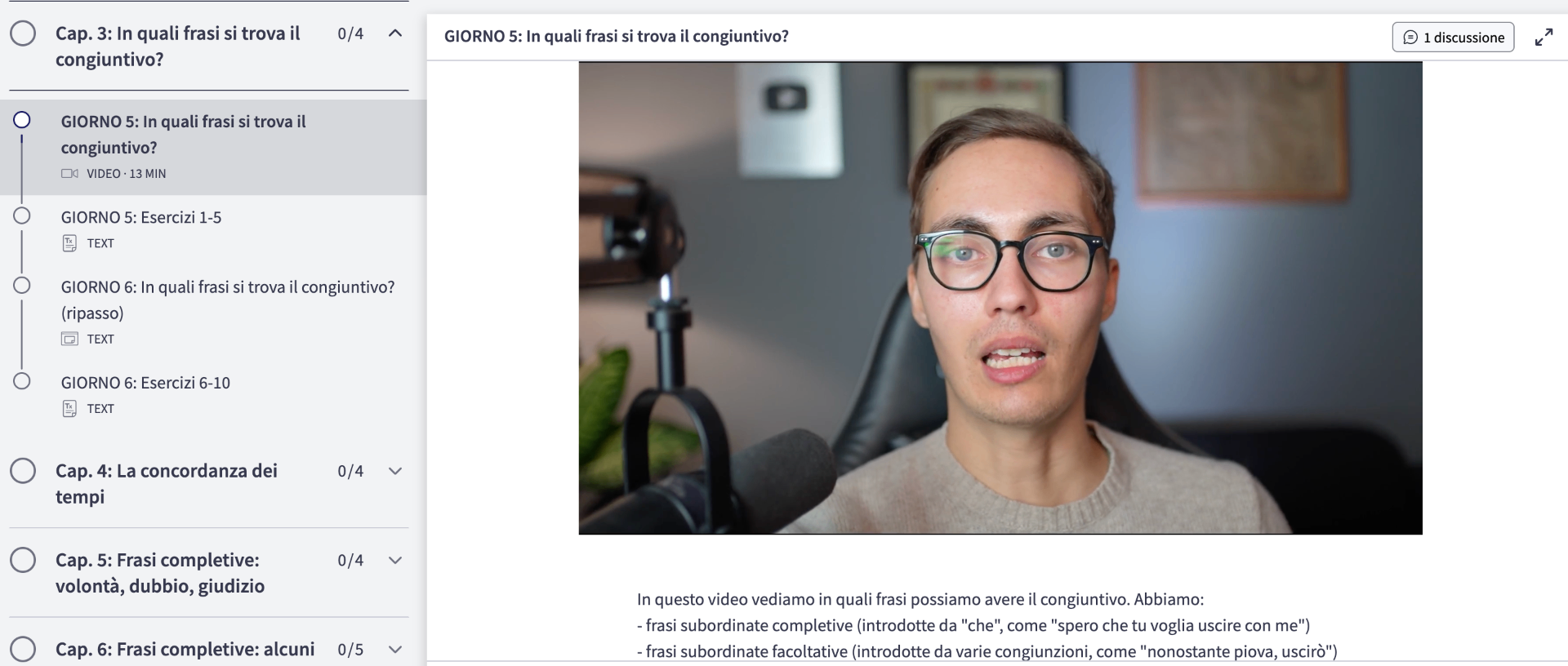 Schermata del corso 'Modi di dire in 21 giorni' su computer: lezione video con la sidebar dei capitoli