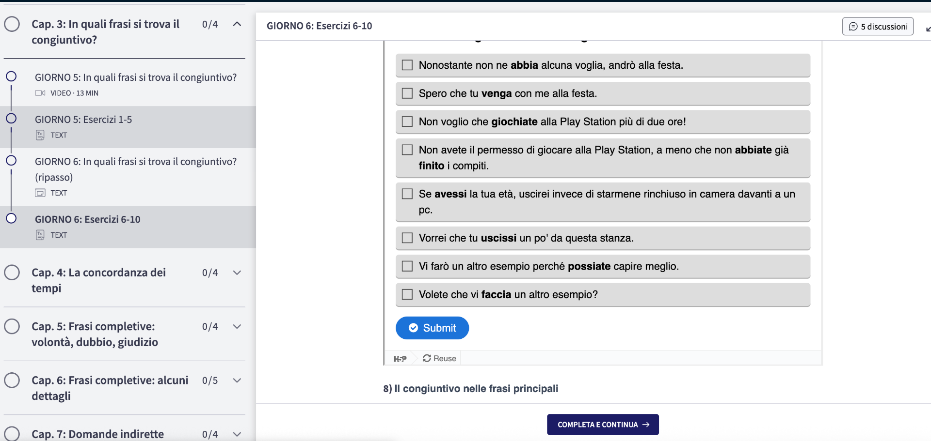 Schermata del corso su tablet: esercizi interattivi sul congiuntivo